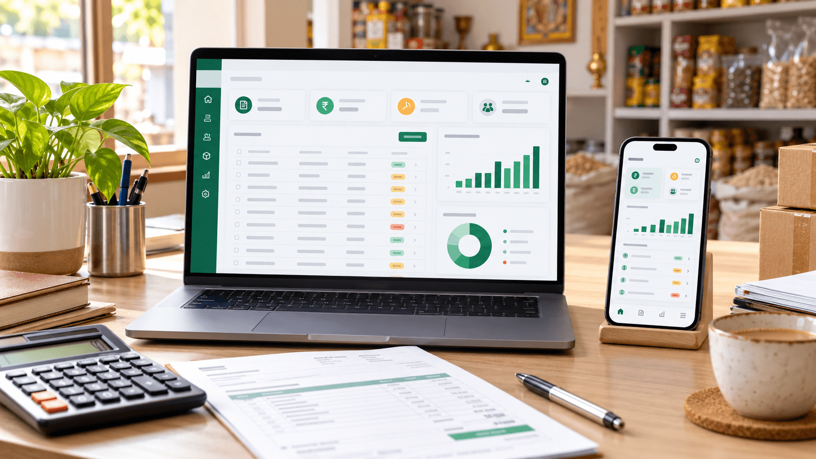 A GST billing dashboard shown on a laptop and smartphone on a small-business desk
